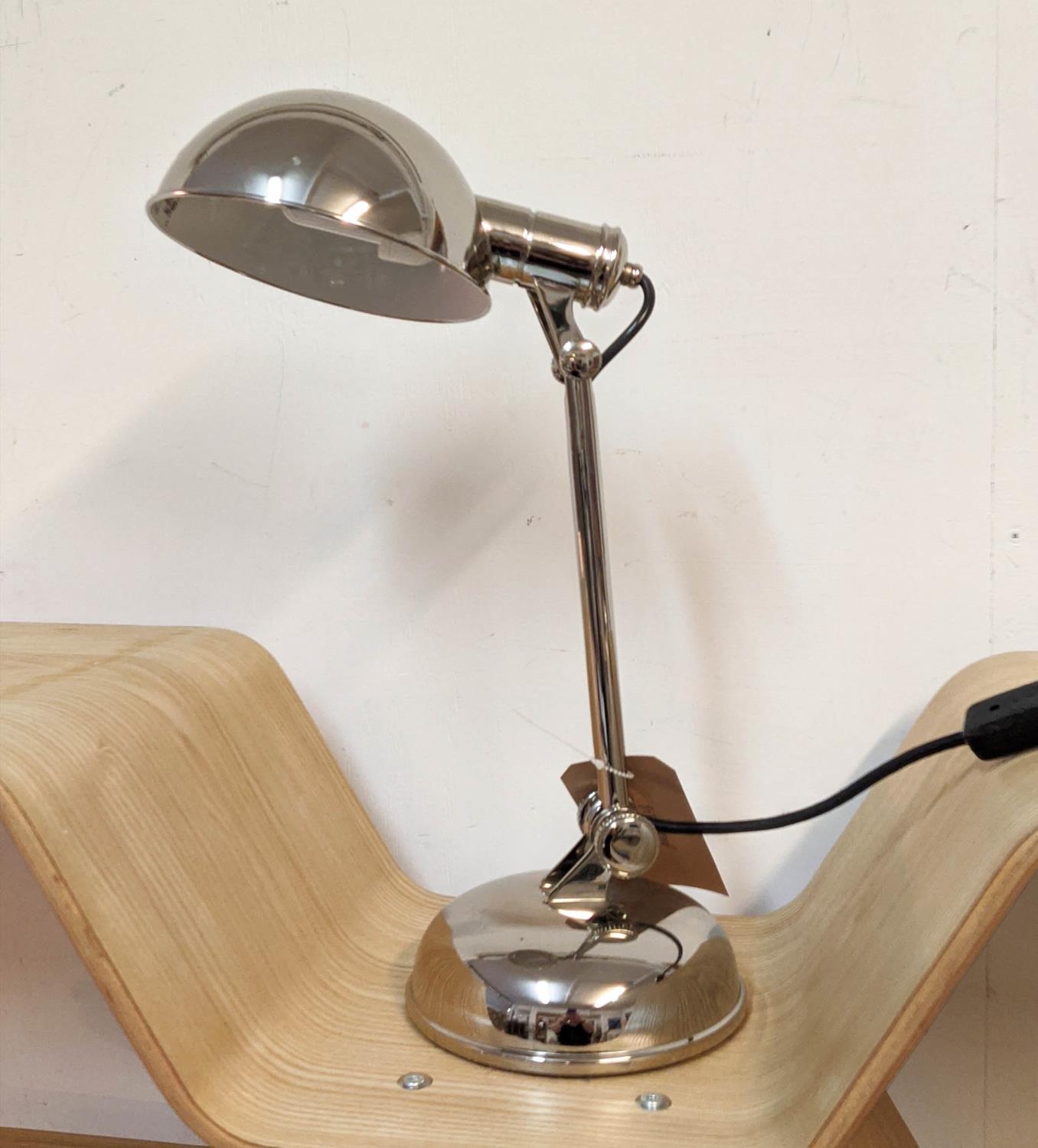 DESK LAMP, 58cm H, polished metal, articulating, Art Deco style.