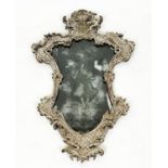 WALL MIRROR, 63cm W x 99cm H 18th century Venetian of cartouche shaped outline with an etched