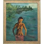 CARIBBEAN SCHOOL, 'Young woman on the shoreline of a lagoon', oil on canvas, 60cm x 50cm, framed.