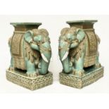 GARDEN ELEPHANT STOOLS, a pair, jade green and gilt ceramic ceremonial style with seats and plinths,