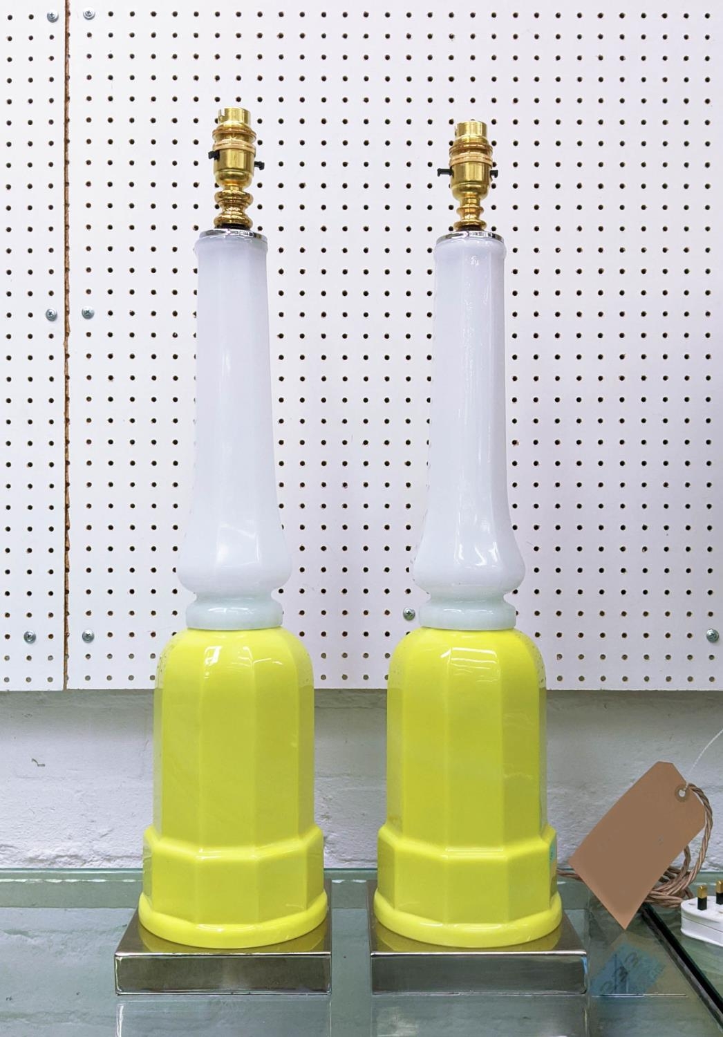 CENEDASE MURANO GLASS TABLE LAMPS, a pair, vintage yellow and white opaline glass, on chrome