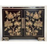 CABINET, lacquered two door with gilt Chinoiserie painted decoration enclosing shelves by 'Restall