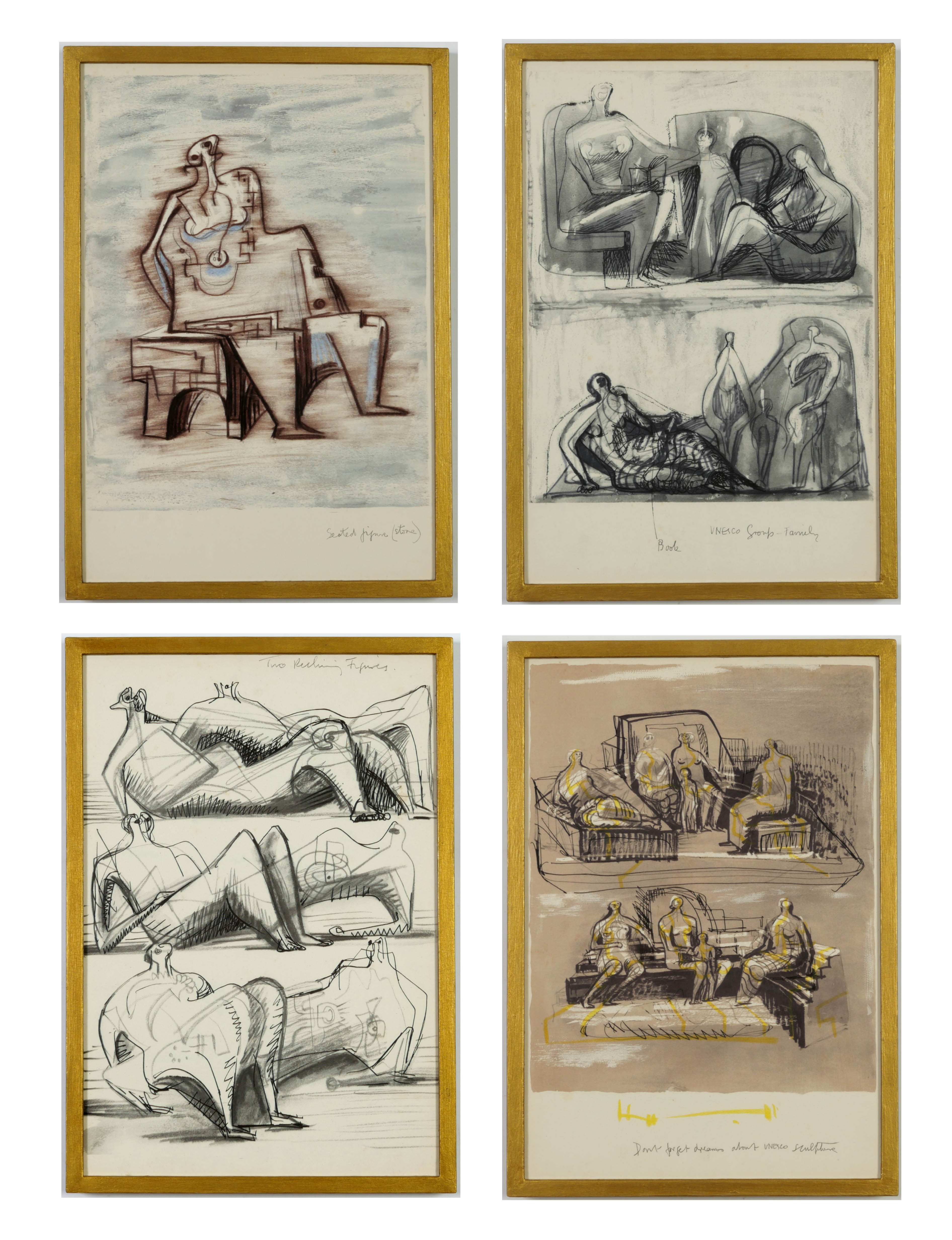 HENRY MOORE, a set of four seated figures, off set lithographs, 49.5cm x 31.5cm. (Subject to ARR -