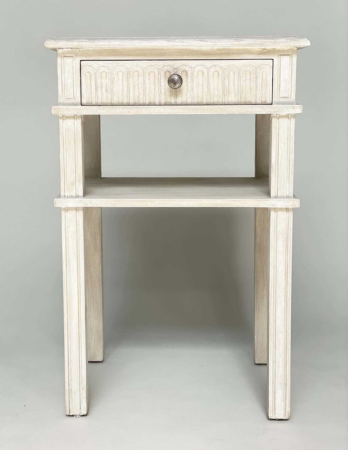 LAMP TABLES, a pair, French style grey painted each with drawer and undertier and fluted detail, - Image 5 of 5