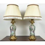 TABLE LAMPS, a pair, Cantonese hand-painted porcelain baluster form with fine ormolu mounts and silk