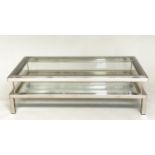 LOW TABLE, 1970's nickel plated rectangular and glazed with sliding top to reveal undertier