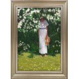 KAREN RAY, 'Petals on the grass', oil on board, 38cm x 29cm, signed, label verso, framed.