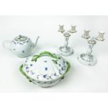HEREND TEAPOT, a tureen and pair of double sconce candlesticks P.B.G. cornflower blue garland