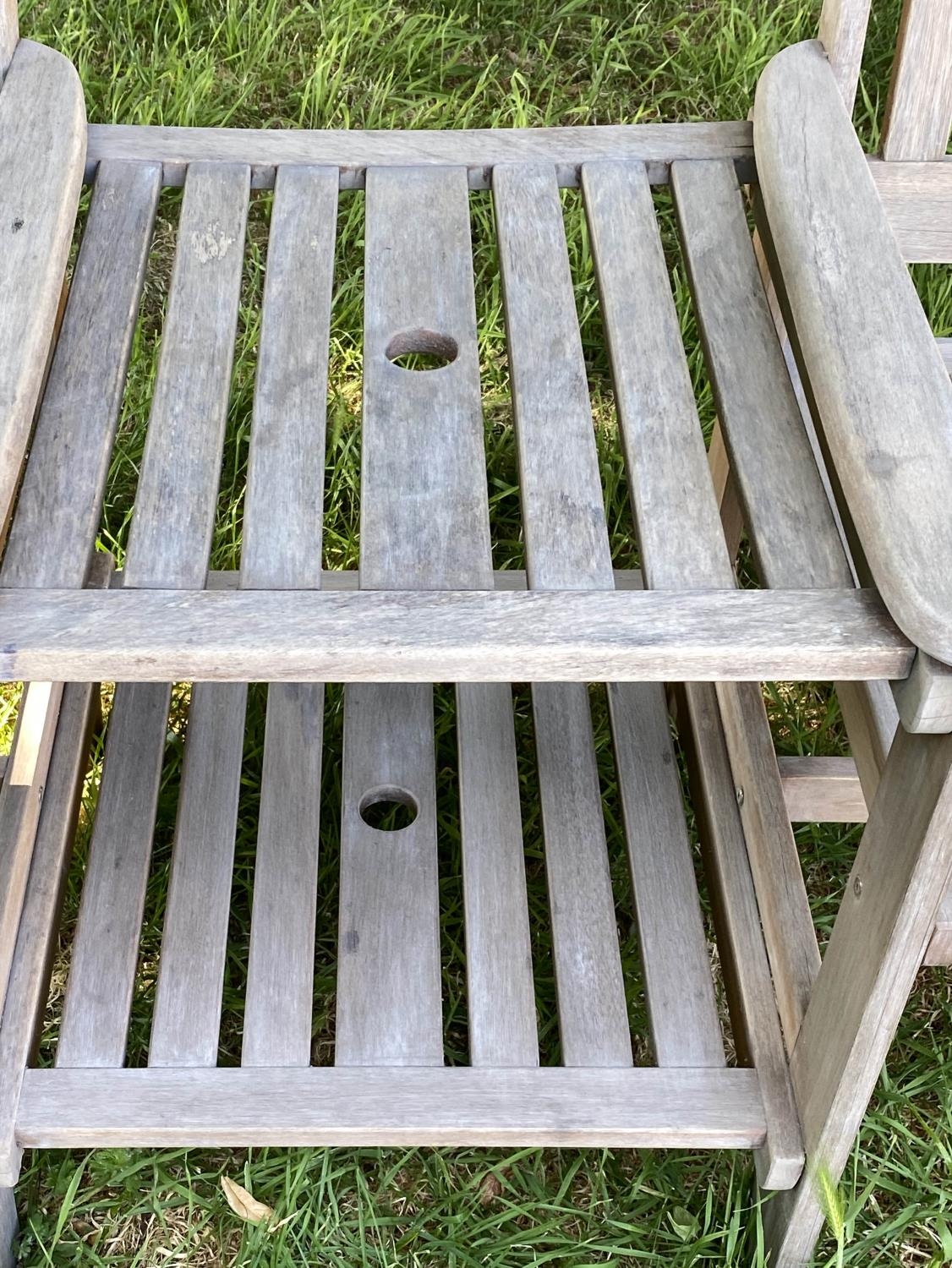 CONVERSATION GARDEN SEAT, weathered slatted teak with two armchairs and conjoining two tier table, - Image 3 of 5