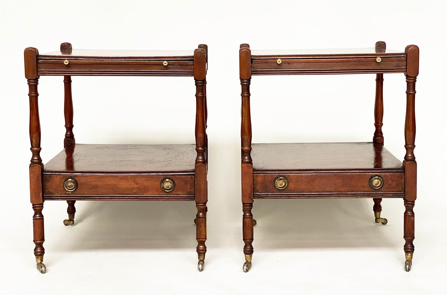 LAMP TABLES, a pair, George III design yewwood each with slide, drawer and undertier, 46cm x 46cm - Image 2 of 7