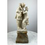 MARBLE SCULPTURE, early 20th century Italian, pierrotesque mandolin playing clown in a gentle