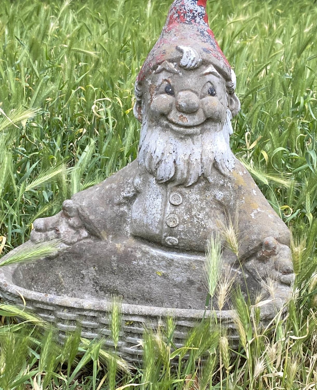 GARDEN GNOMES/PLANTERS, a pair, weathered reconstituted stone with traces of colour, 35cm W x 41cm - Image 3 of 6