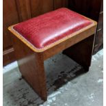 STOOL, Art Deco burr walnut, circa 1925 with mock crocodile red leather seat, 49cm H x 50cm x 37cm.