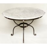 CIRCULAR/CENTRE TABLE, circular veined/striated white marble top, raised on wrought iron base,