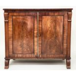 REGENCY SIDE CABINET, flame mahogany and beaded with two panelled doors and splay front supports,