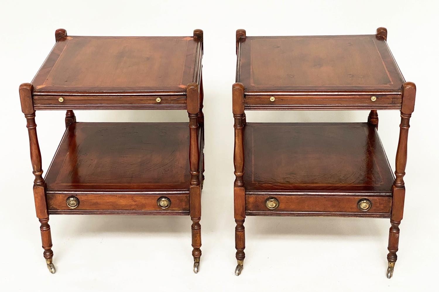 LAMP TABLES, a pair, George III design yewwood each with slide, drawer and undertier, 46cm x 46cm - Image 3 of 7