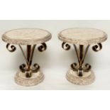 OCCASIONAL/LAMP TABLES, a pair, circular with stepped and blocked two tone travertine marble top and
