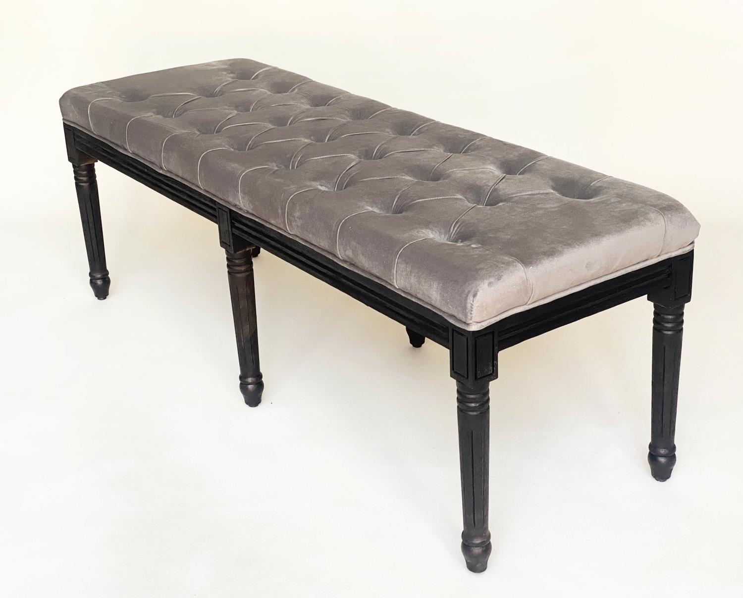 WINDOW SEAT, rectangular buttoned grey velvet and turned supports, 140cm W x 47cm D x 50cm H. - Image 2 of 5