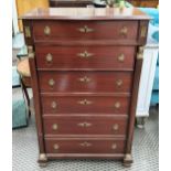 TALL CHEST, Empire style mahogany with applied gilt metal detail and six drawers, 74cm x 35cm x
