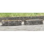 GARDEN PLANTERS, a pair, well weathered reconstituted stone rectangular with Neo Classical lion mask