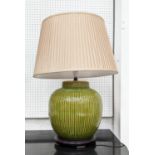 TABLE LAMP, green glazed ceramic, with shade, 72cm H.