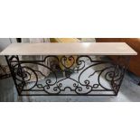 CONSOLE TABLE, 43cm D x 95cm H x 205cm W, travertine top on a wrought iron base.