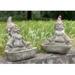 GARDEN GNOMES/PLANTERS, a pair, weathered reconstituted stone with traces of colour, 35cm W x 41cm