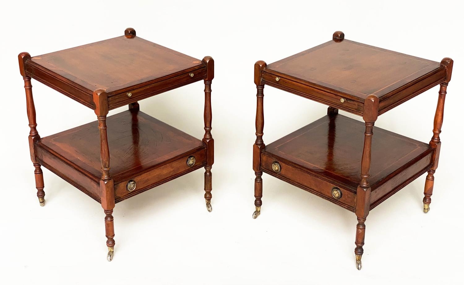 LAMP TABLES, a pair, George III design yewwood each with slide, drawer and undertier, 46cm x 46cm