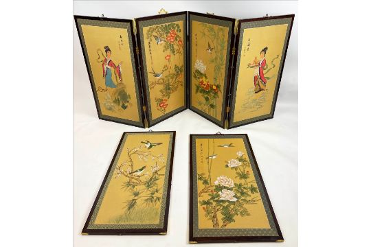 FOUR FOLD CHINESE SCREEN, handpainted on silk with figures bamboo and birds with two matching - Image 4 of 6