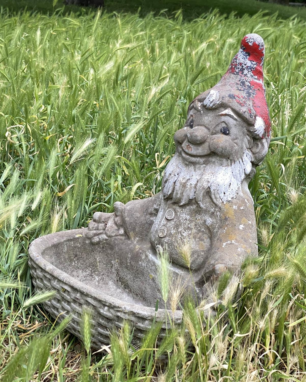 GARDEN GNOMES/PLANTERS, a pair, weathered reconstituted stone with traces of colour, 35cm W x 41cm - Image 6 of 6