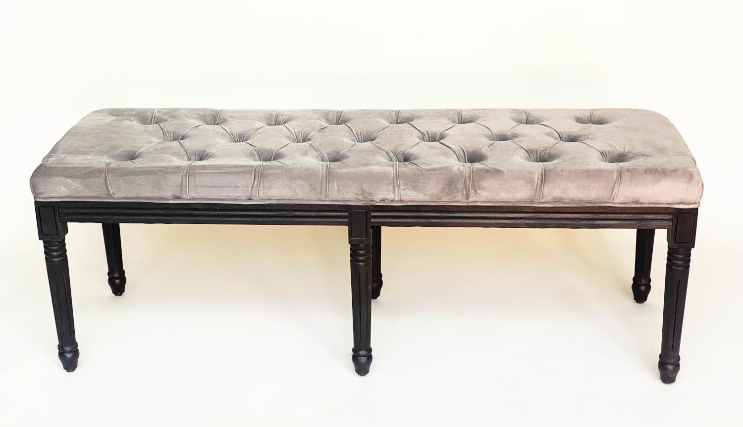 WINDOW SEAT, rectangular buttoned grey velvet and turned supports, 140cm W x 47cm D x 50cm H.