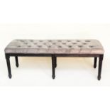 WINDOW SEAT, rectangular buttoned grey velvet and turned supports, 140cm W x 47cm D x 50cm H.