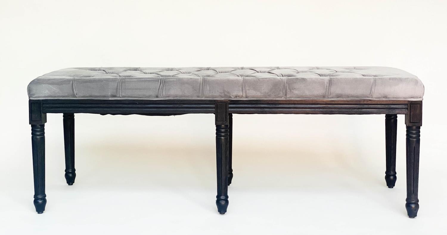 WINDOW SEAT, rectangular buttoned grey velvet and turned supports, 140cm W x 47cm D x 50cm H. - Image 5 of 5