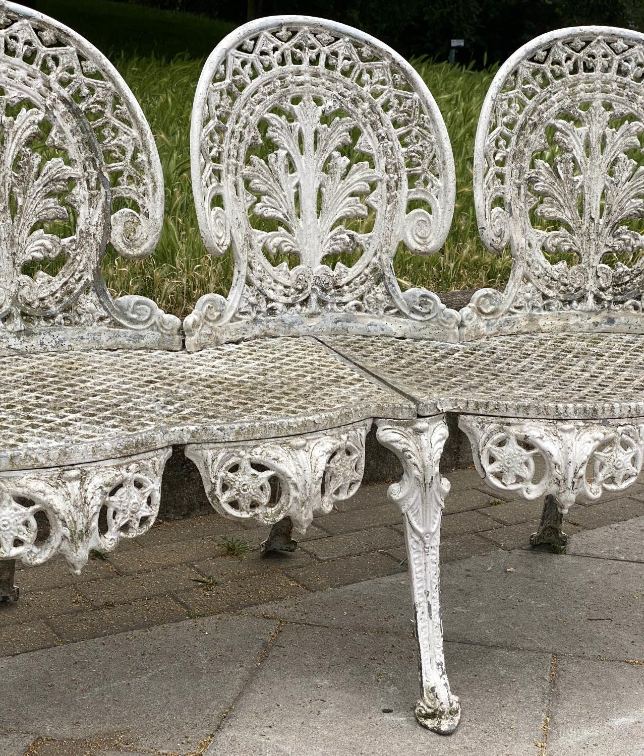 GARDEN BENCH, well weathered cast aluminium white painted and pierced, 135cm W. - Image 4 of 6