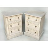 BEDSIDE CHESTS, a pair, traditionally grey painted each with three drawers and plinth base, 45cm W x