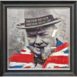 CONTEMPORARY SCHOOL, portrait of Churchill photo print, with relief detail, framed, 86cm x 86cm.