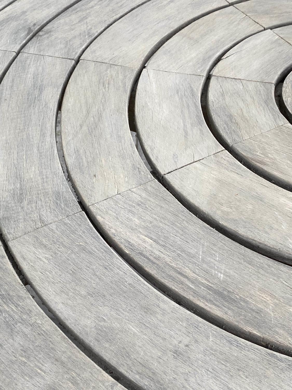 CIRCULAR GARDEN TABLE, weathered teak with circular concentric slatted top and centre column support - Image 2 of 8