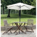GARDEN TABLE AND CHAIRS, weathered teak circular folding with two arm chairs, table 100cm W x 73cm