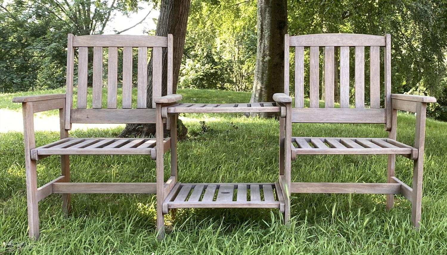 CONVERSATION GARDEN SEAT, weathered slatted teak with two armchairs and conjoining two tier table, - Image 5 of 5