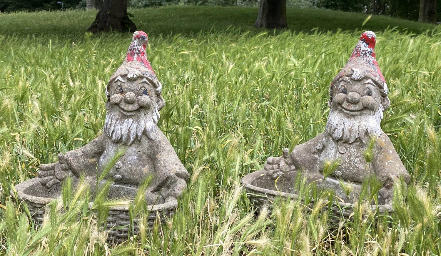 GARDEN GNOMES/PLANTERS, a pair, weathered reconstituted stone with traces of colour, 35cm W x 41cm - Image 4 of 6