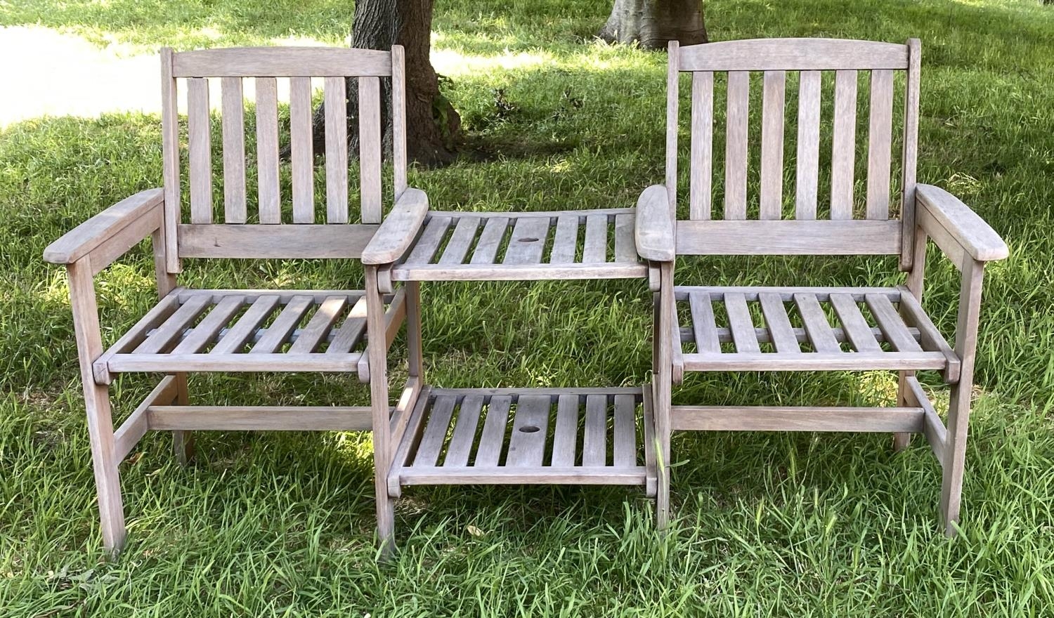 CONVERSATION GARDEN SEAT, weathered slatted teak with two armchairs and conjoining two tier table, - Image 2 of 5