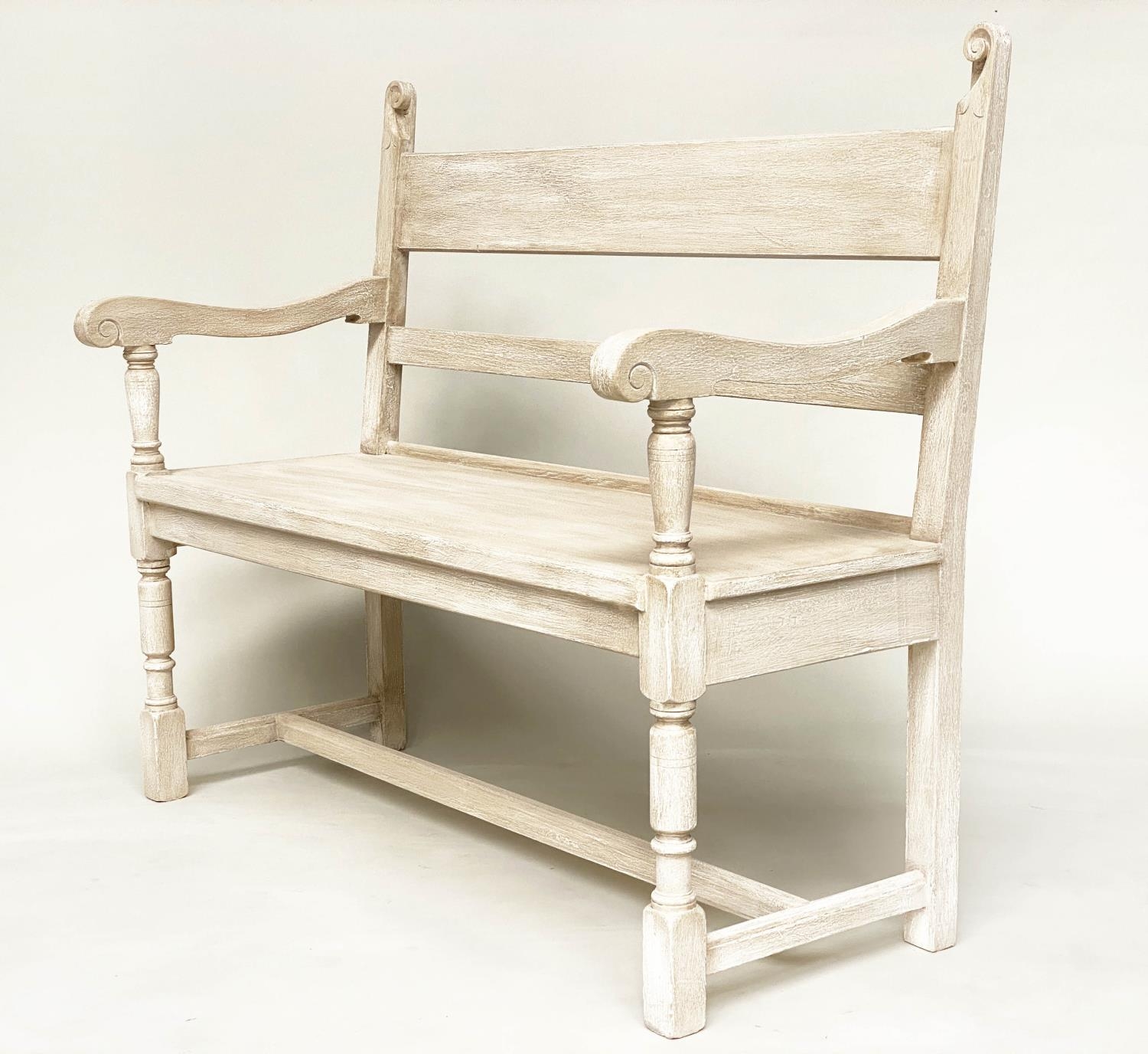 HALL BENCH, antique grey painted with scroll carved detail and turned supports, 118cm W x 32cm D x - Image 4 of 7