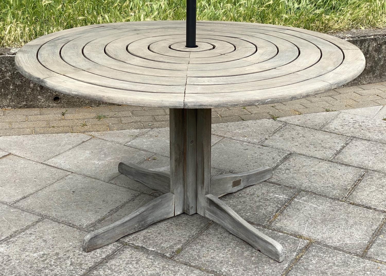 CIRCULAR GARDEN TABLE, weathered teak with circular concentric slatted top and centre column support - Image 7 of 8