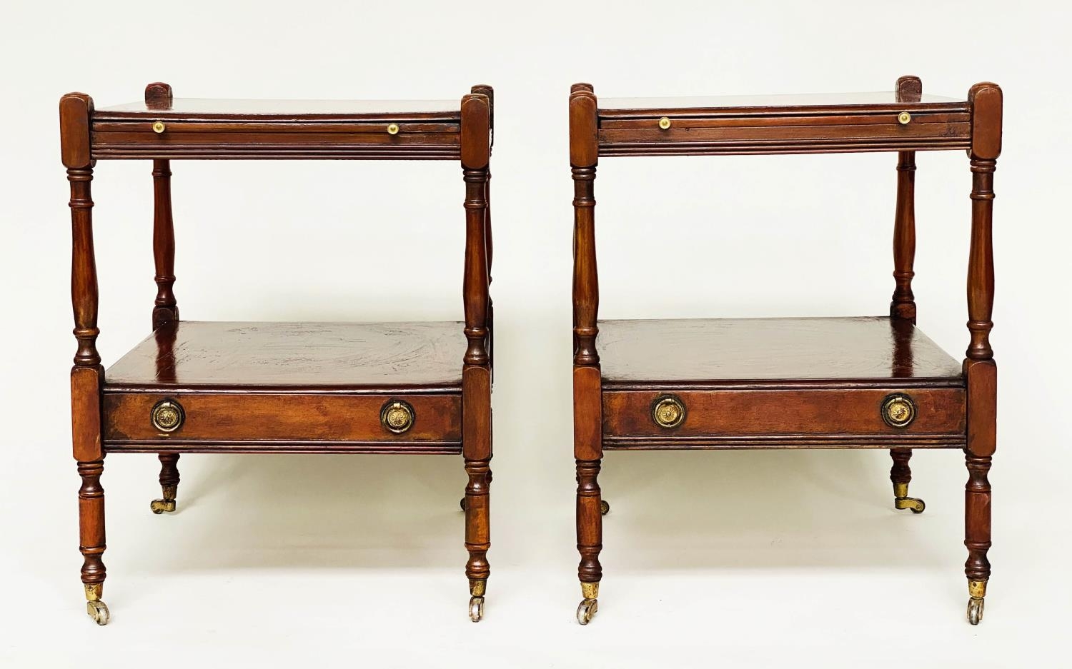LAMP TABLES, a pair, George III design yewwood each with slide, drawer and undertier, 46cm x 46cm - Image 4 of 7