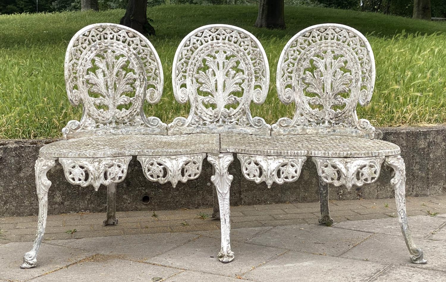 GARDEN BENCH, well weathered cast aluminium white painted and pierced, 135cm W.