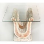 LAMP TABLE, contemporary square bevelled glass, on 'U' marble support, 56cm x 56cm x 52cm H.