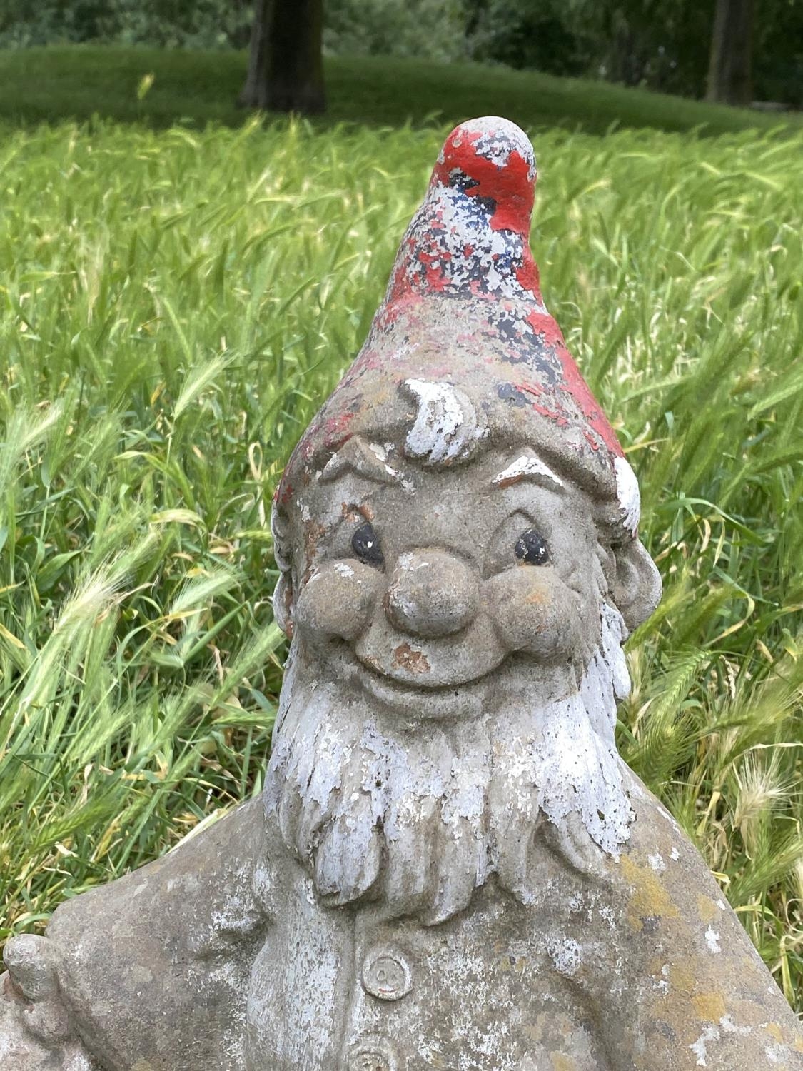 GARDEN GNOMES/PLANTERS, a pair, weathered reconstituted stone with traces of colour, 35cm W x 41cm - Image 2 of 6