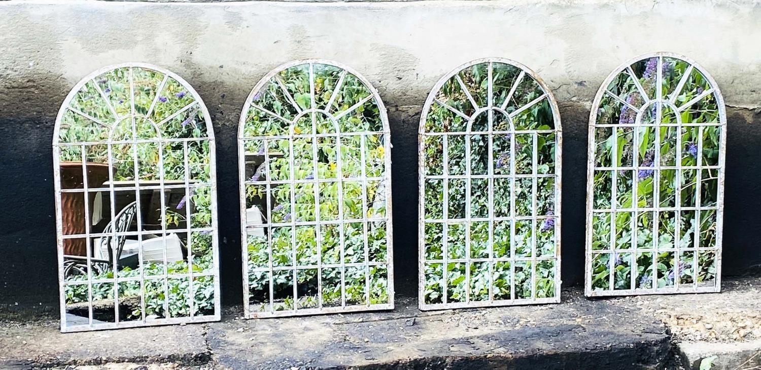 ARCHITECTURAL GARDEN MIRRORS, a set of four, 60cm H x 36cm W, Georgian style, with overlaid