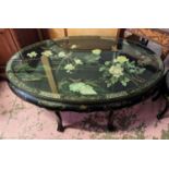 CHINESE COFFEE TABLE AND SIX NESTING STOOLS, 127cm W x 76cm D x 55cm H, oval lacquered with