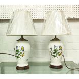 TABLE LAMPS, a pair, 45cm H, glazed ceramic, floral design, with shades (2)